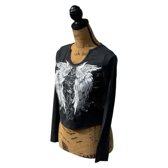 Romwe S Long Sleeve Graphic Top Angel Wings Black Stretch Tee Women S - Picture 10 of 12